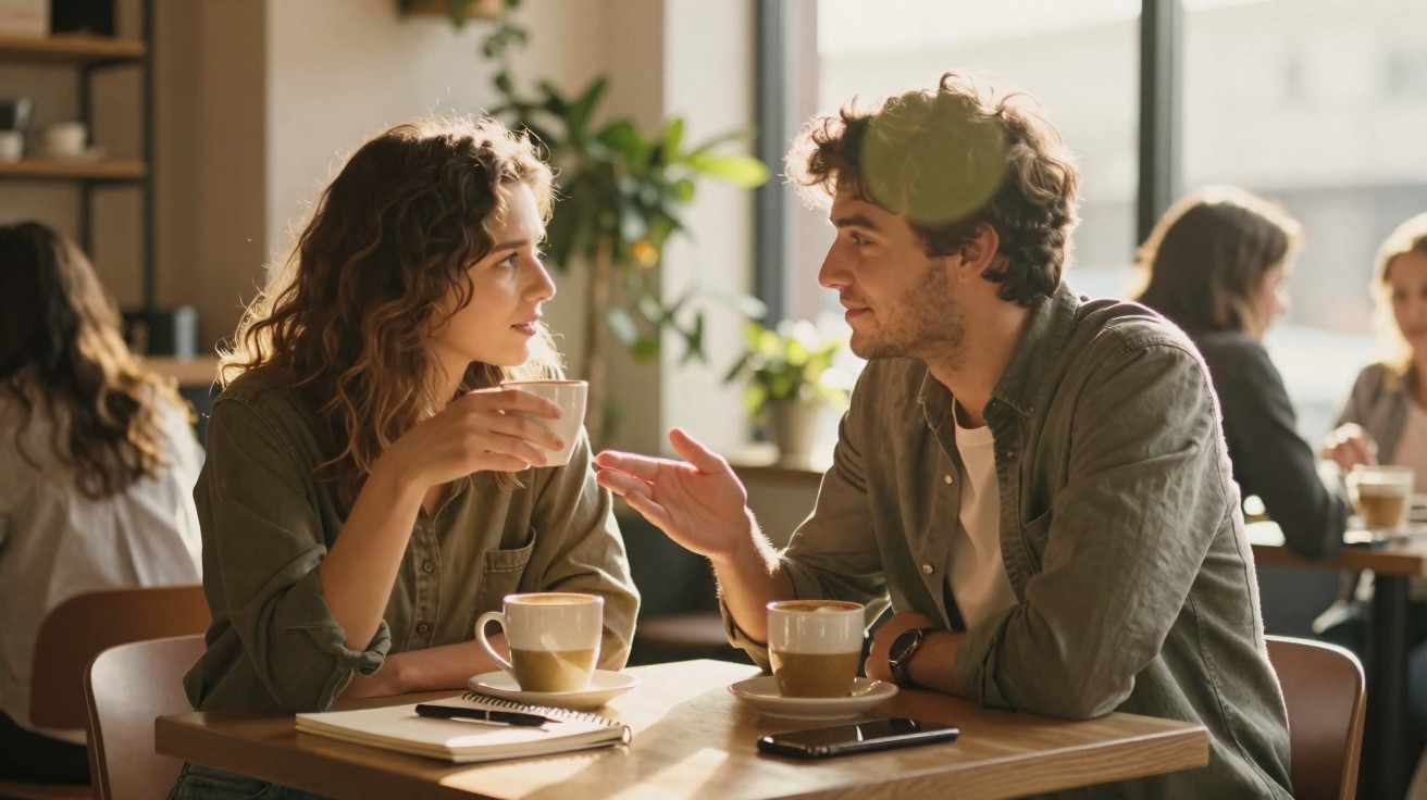Zwei junge Menschen sitzen in Café, trinken Kaffee und unterhalten sich bei Tageslicht am Tisch.