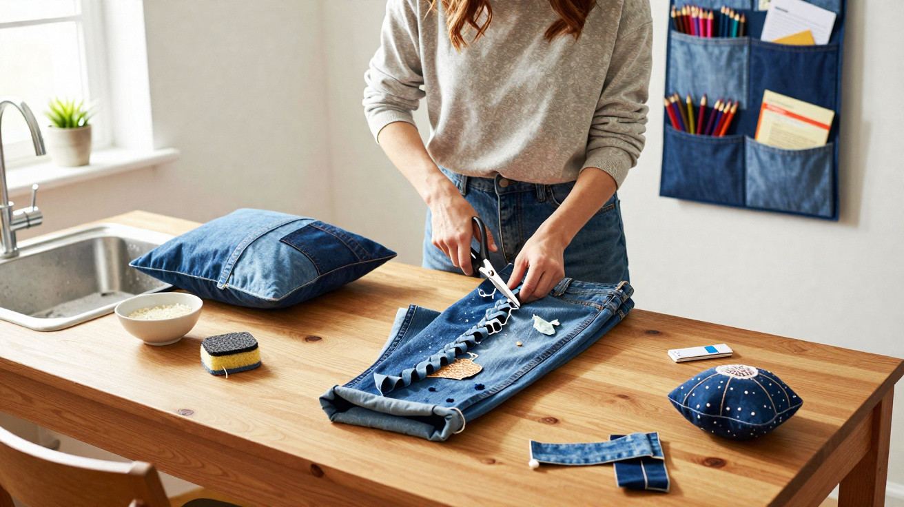 Person schneidet bei einer Jeans vor einem Holztisch mit Nähutensilien und Kissen einen Stoffstreifen aus.