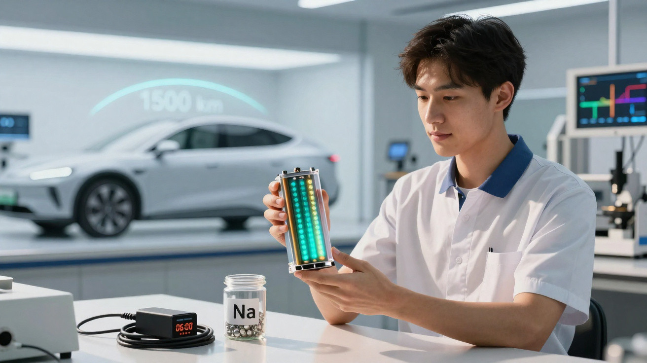 Mann hält Batterie mit leuchtenden Zellen in Labor, weisses Auto und Distanzanzeige im Hintergrund.
