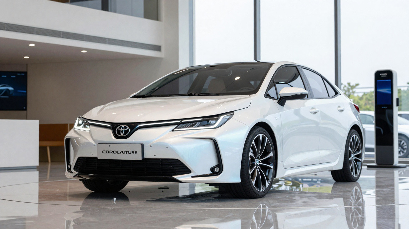Weisser Toyota Corolla Limousine im Autohaus mit modernem Innenraum und Ladestation im Hintergrund.