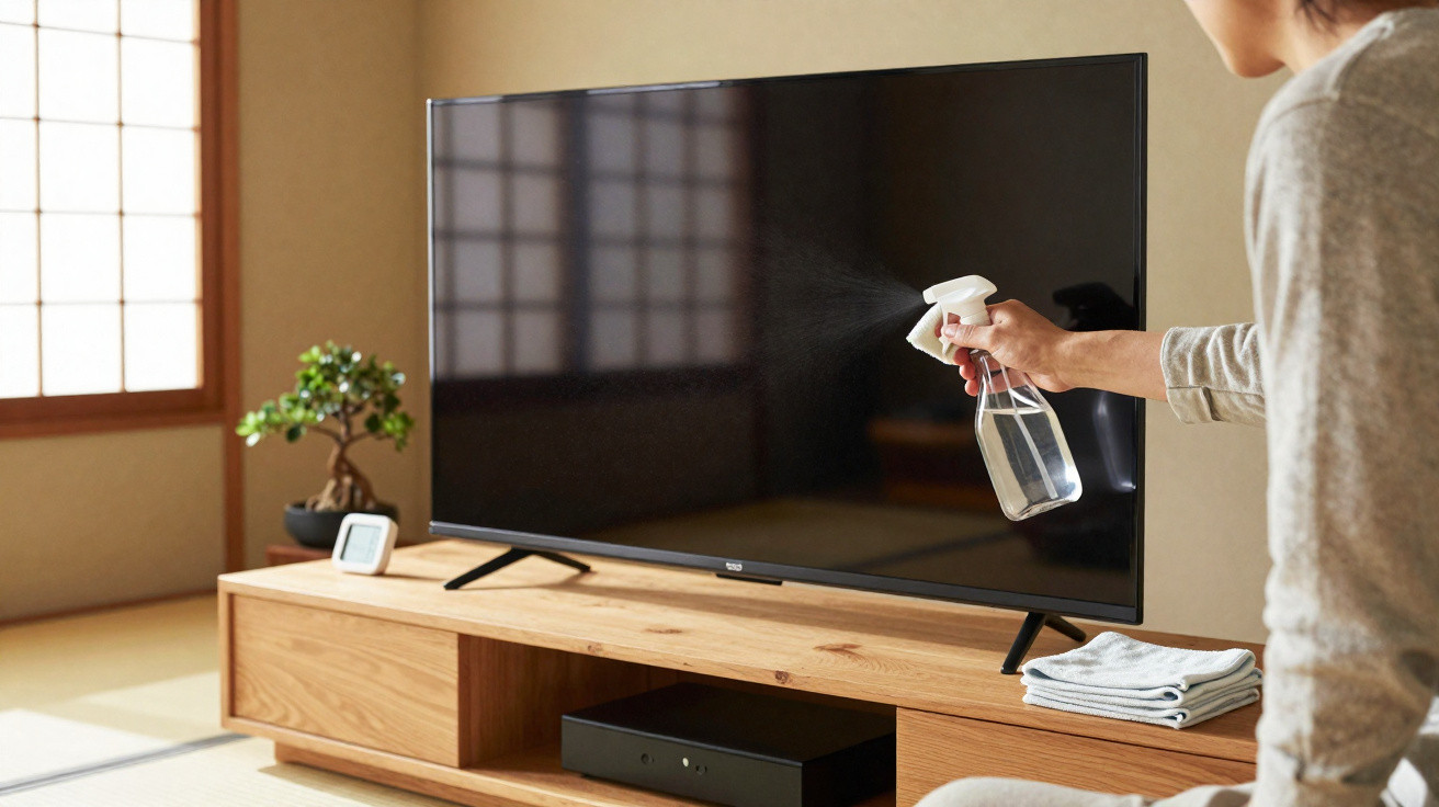 Person sprüht Reinigungsmittel auf einen Flachbildfernseher in einem hellen Wohnraum mit Holzmöbeln.