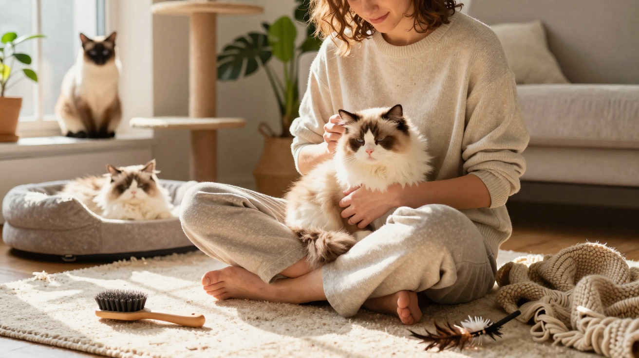 Frau sitzt auf Teppich und hält eine Ragdoll-Katze, zwei weitere Katzen liegen und sitzen im hellen Wohnzimmer.