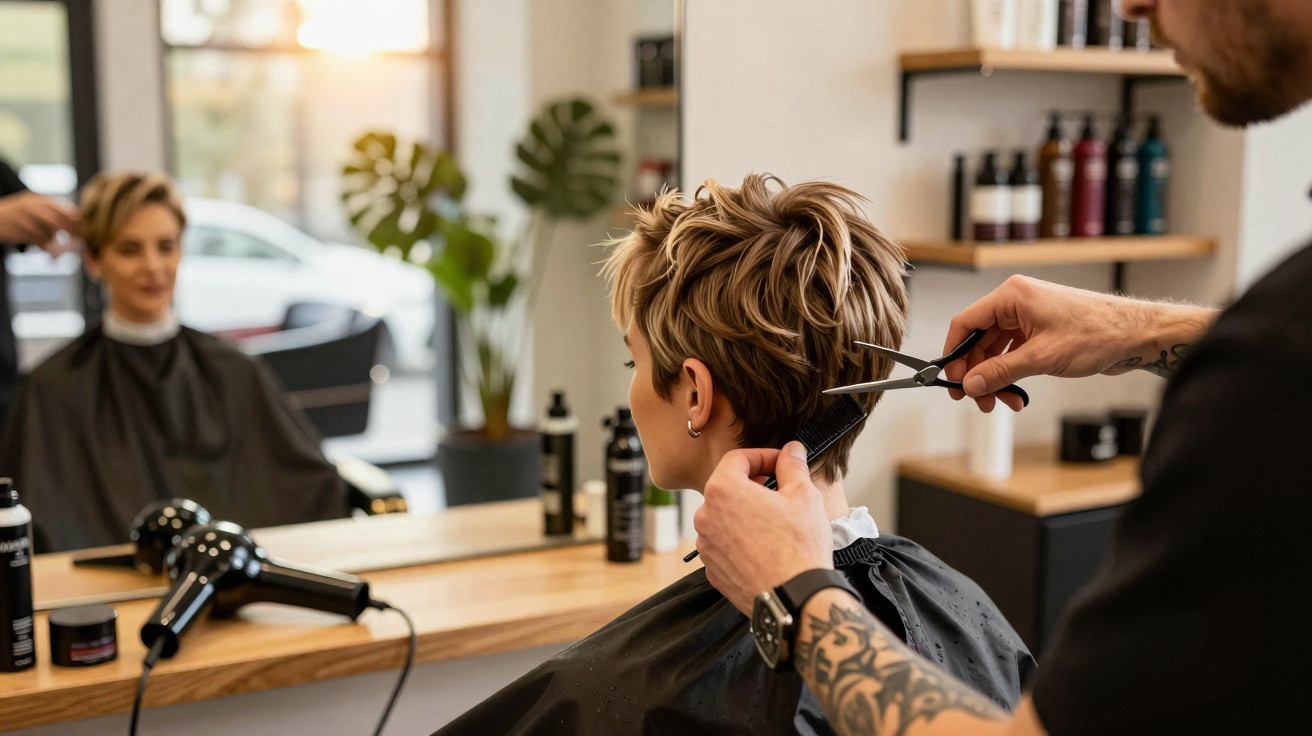 Frau bekommt im Friseursalon kurze Blondhaarfrisur geschnitten, Friseur hält Schere und Kamm.