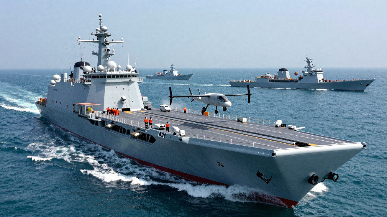 Militärschiffe auf offenem Meer mit bemannter Drohne auf dem Flugdeck des vordersten Schiffes.