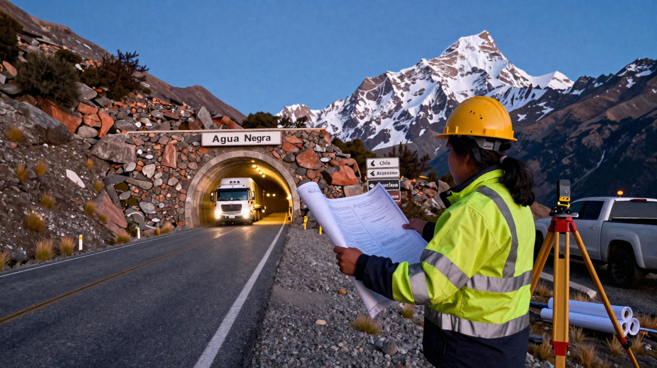 Bauarbeiterin mit Helm und Plänen neben Tunnel Agua Negra vor schneebedeckten Bergen bei Dämmerung.