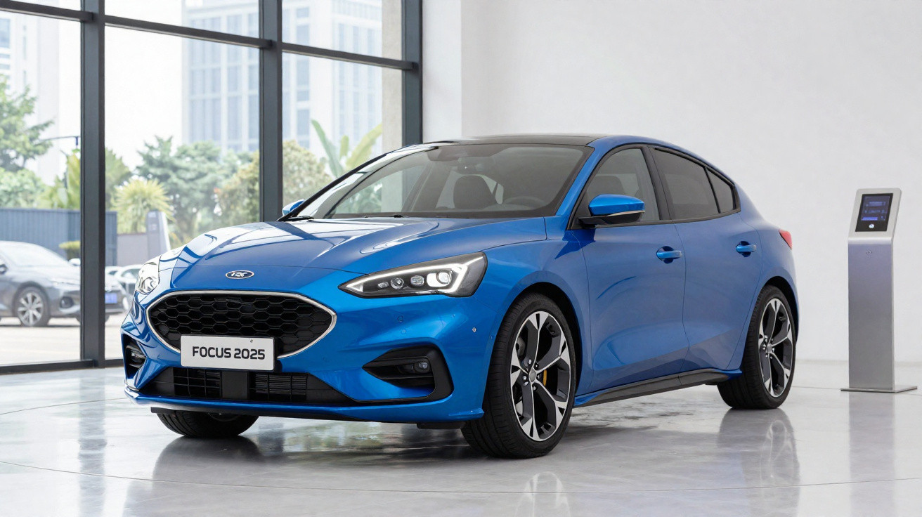 Blaues Ford Focus 2025 Modell im Showroom mit Glasfenstern und moderner Ladestation daneben.
