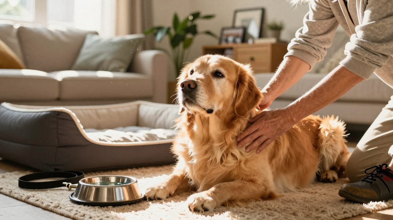 Golden Retriever liegt im Wohnzimmer auf Teppich, Person streichelt ihn freundlich am Hals.