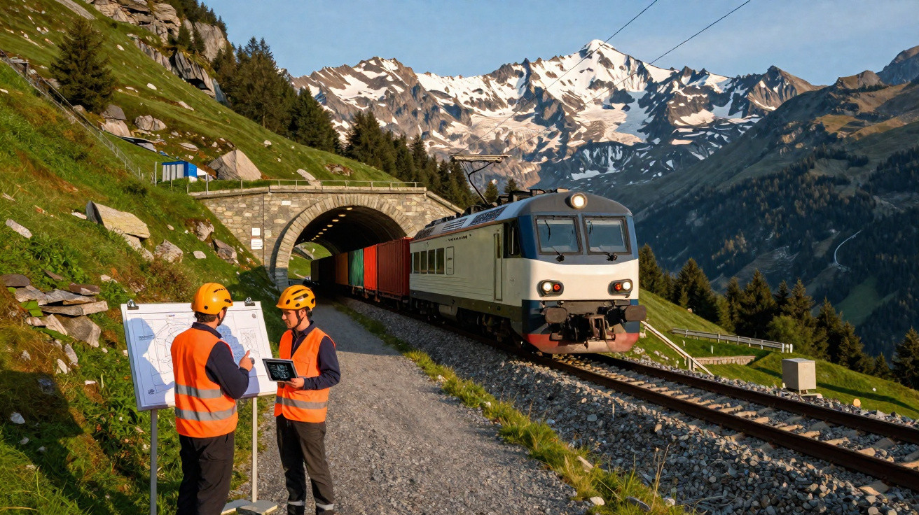 Zwei Bauarbeiter mit Helm und Weste an Gleis mit einfahrendem Güterzug und Alpen im Hintergrund.