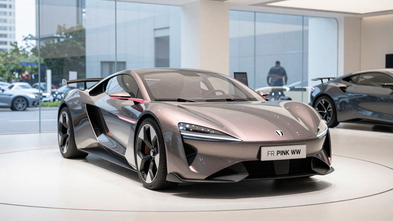 Moderner, silbergrauer Sportwagen in hellem Showroom mit grossen Scheiben und weiterer Karosserie im Hintergrund.