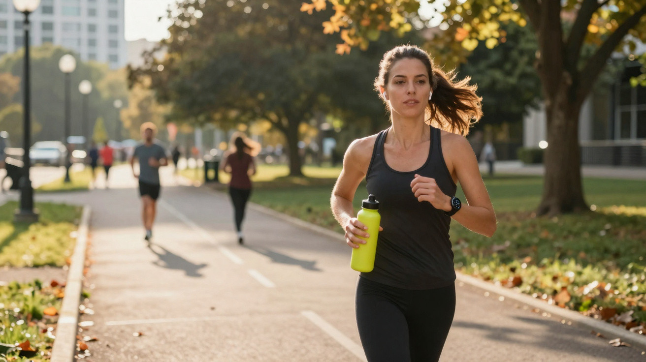 Frau joggt mit Wasserflasche und Sportuhr auf einem sonnigen Parkweg, weitere Läufer im Hintergrund.