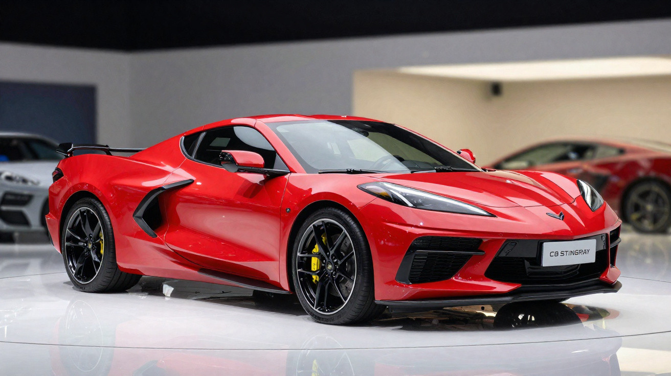 Roter Chevrolet Corvette C8 Stingray Sportwagen in Ausstellung mit schwarzem Felgendesign und gelben Bremsen.