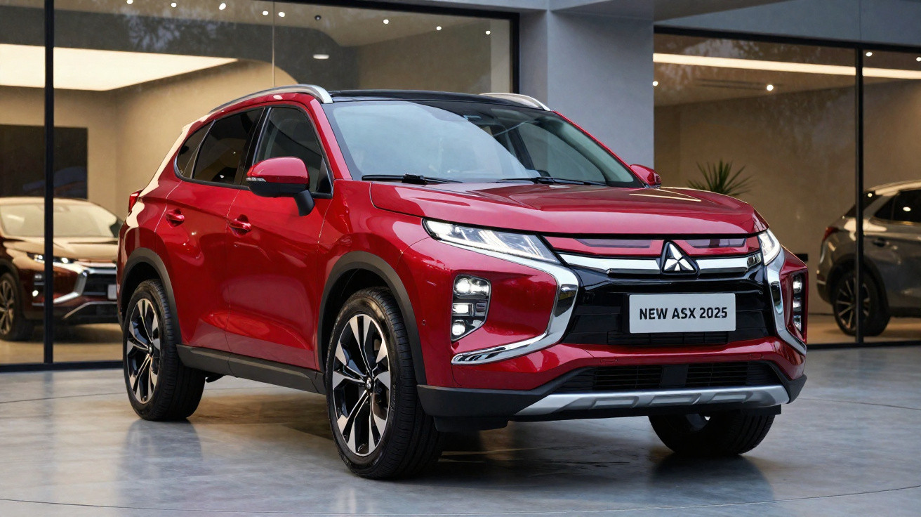 Roter Mitsubishi ASX 2025 SUV steht vor modernem Gebäude mit grossen Fenstern.