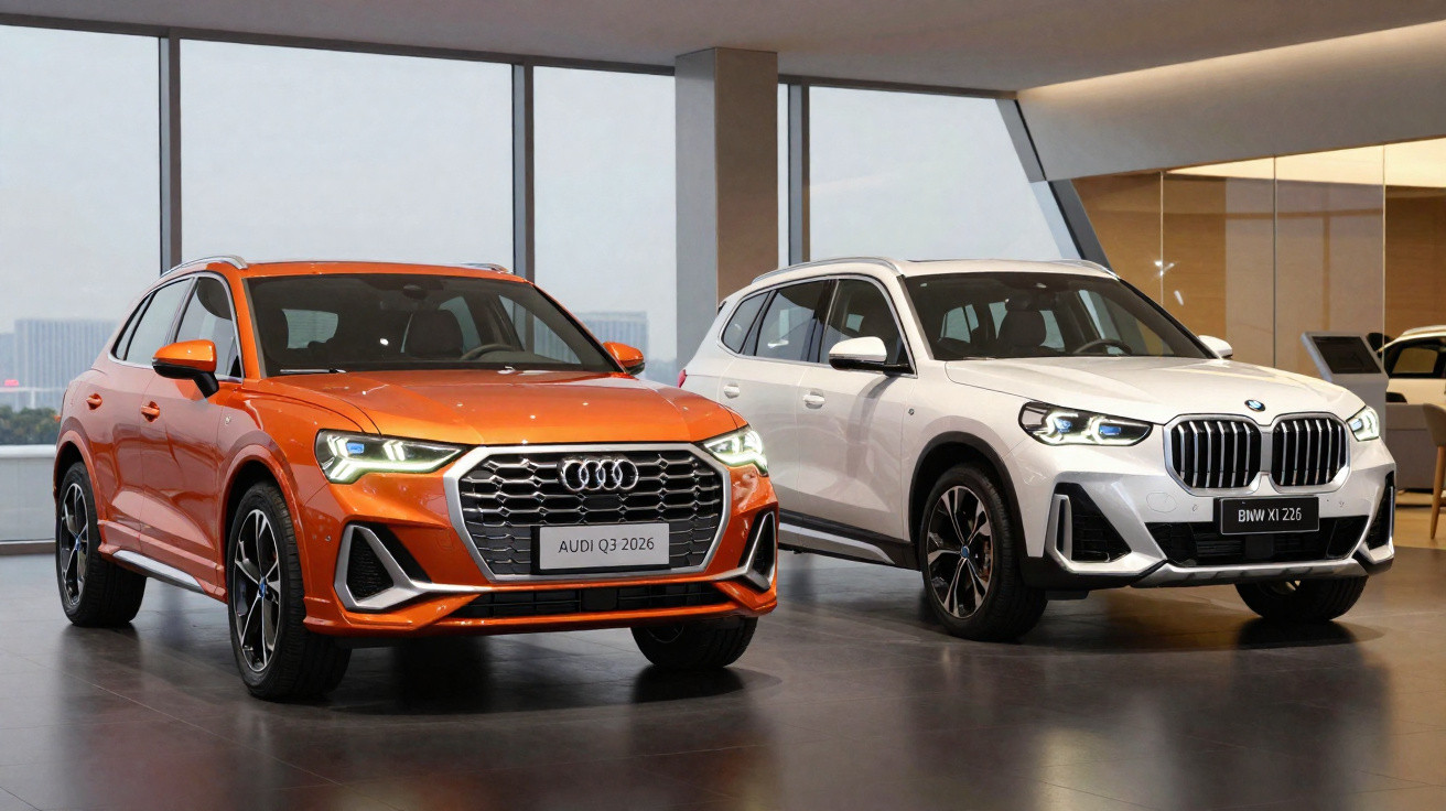 Zwei moderne SUVs, ein orangefarbener Audi Q3 2026 und ein weisser BMW X1 225, in einem Showroom.