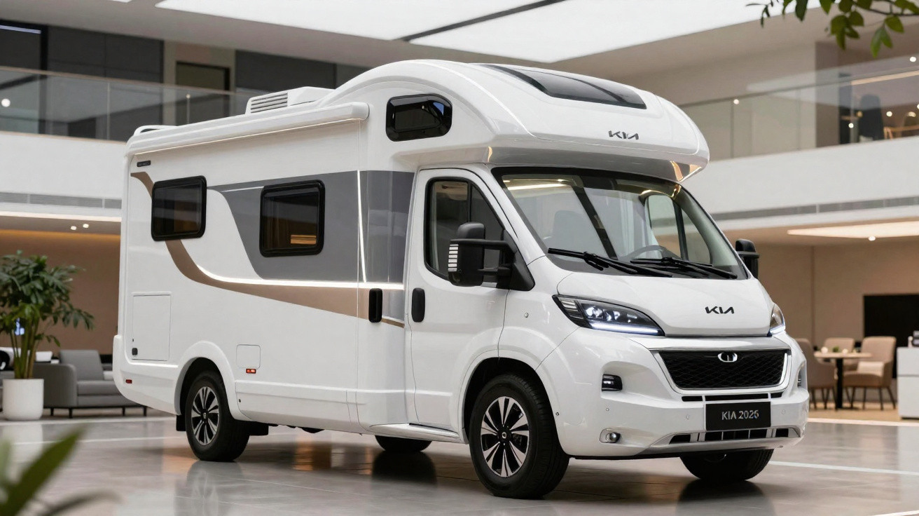 Weisser Kia Reisemobil mit modernem Design in einem hellen, grossen Innenraum, stehend auf glänzendem Boden.