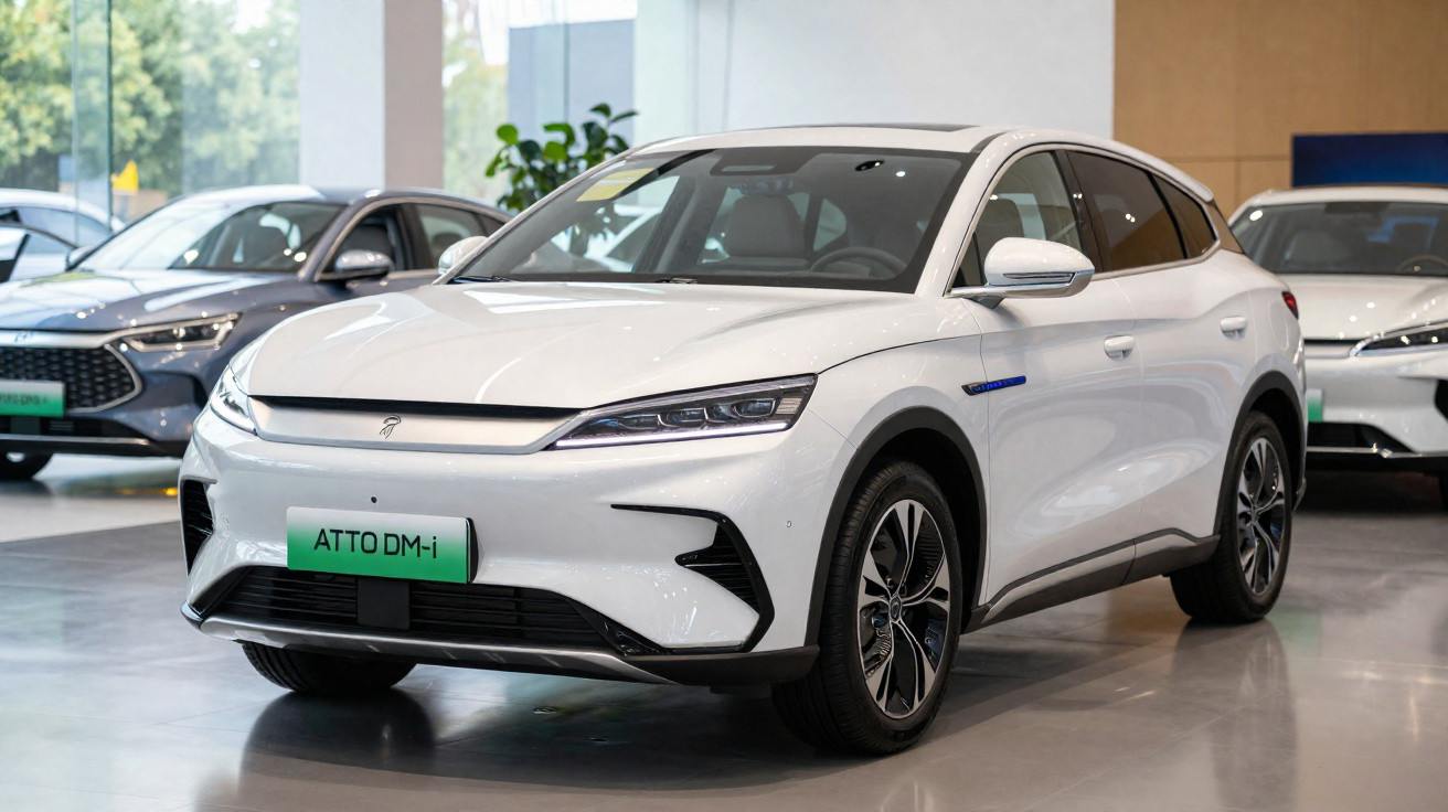 Weisser Elektro-SUV mit grünem Nummernschild «ATTO DM-i» in einem Autohaus.