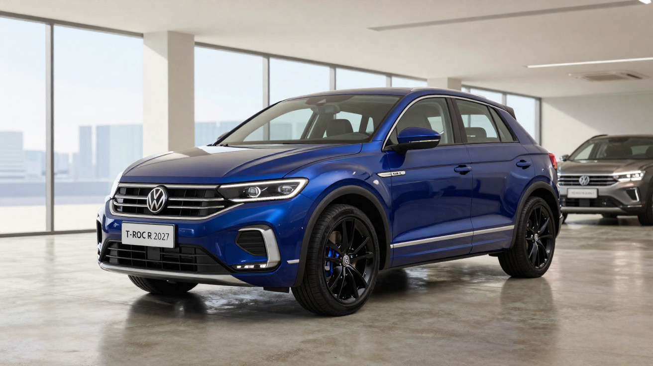 Blauer Volkswagen T-Roc R 2027 steht in modernem, hellem Showroom mit Fensterfront und grauem Boden.