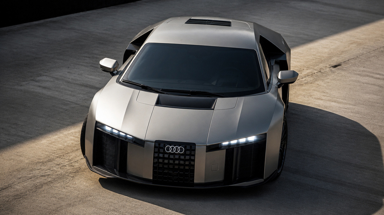 Silberner futuristischer Audi-Sportwagen in modernem, kantigem Design bei Tageslicht auf Betonboden.