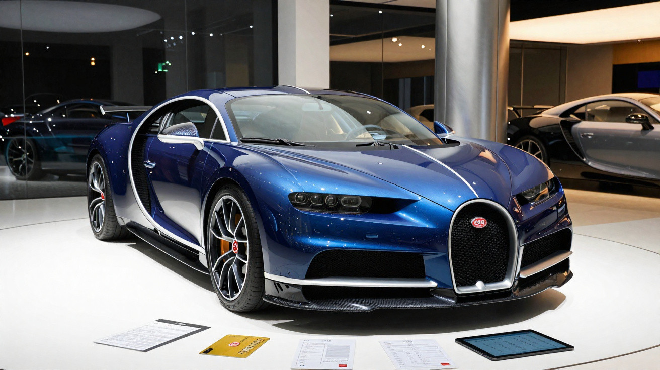 Blauer Bugatti Chiron Sport-Supersportwagen in Ausstellung auf weiss beleuchtetem Podest mit Dokumenten davor