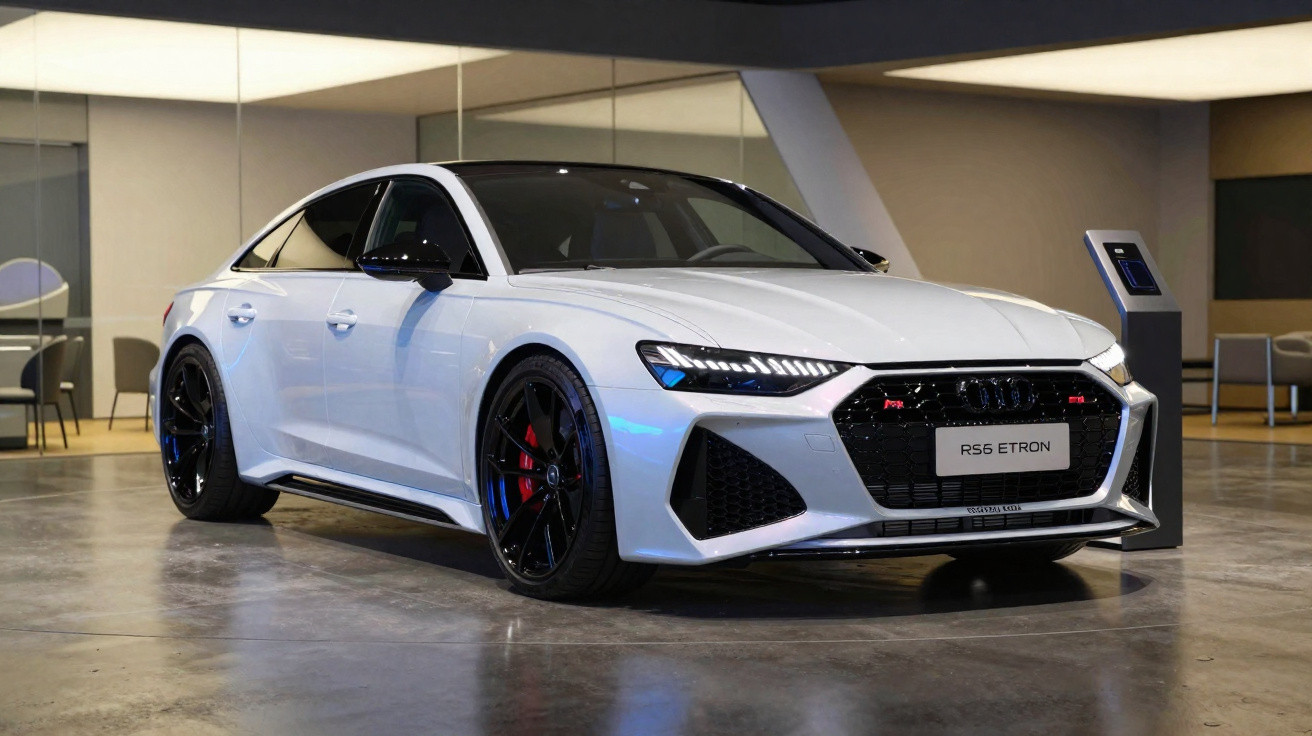 Weisser Audi RS5 Etron Sportwagen in modernem Showroom mit glänzendem Boden und LED-Scheinwerfern.