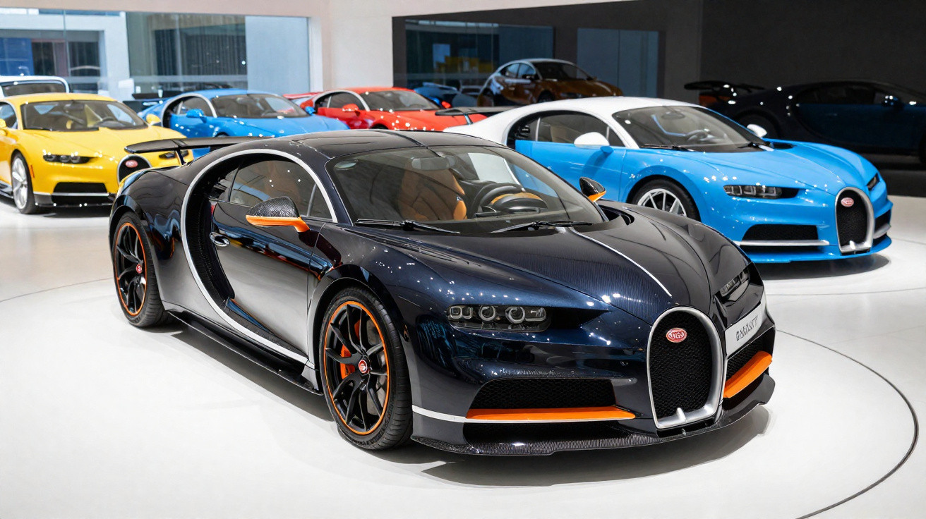 Schwarzer Bugatti Chiron mit orangen Akzenten in einem Luxusauto-Ausstellungsraum mit mehreren Sportwagen.
