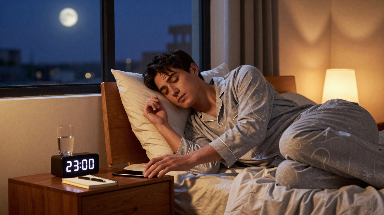 Mann in Schlafanzug schläft im Bett neben Nachttisch mit Uhr, Glas Wasser und Nachtlampe bei Vollmond.