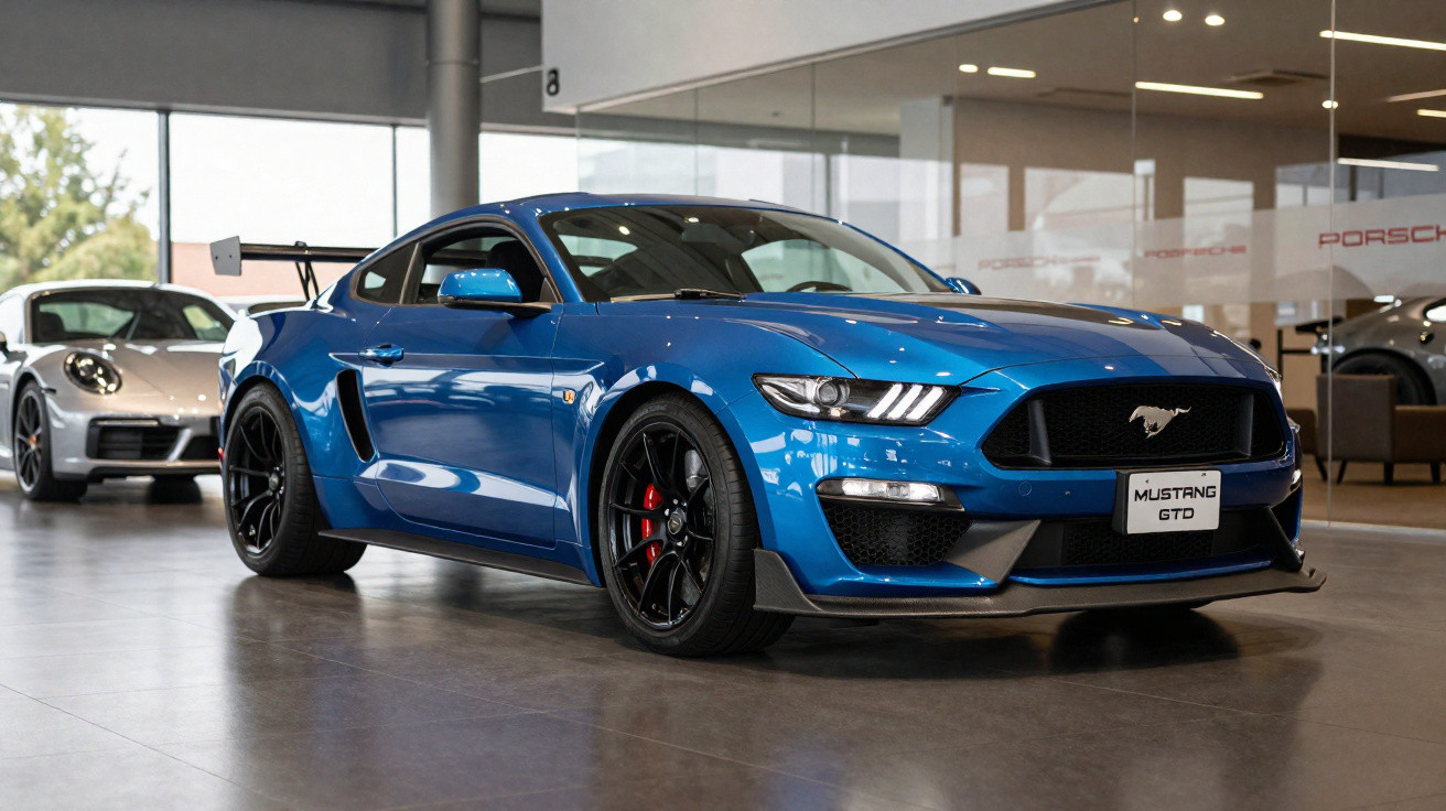 Blauer Ford Mustang GTD Sportwagen in einem Showroom, im Hintergrund weisser Porsche.