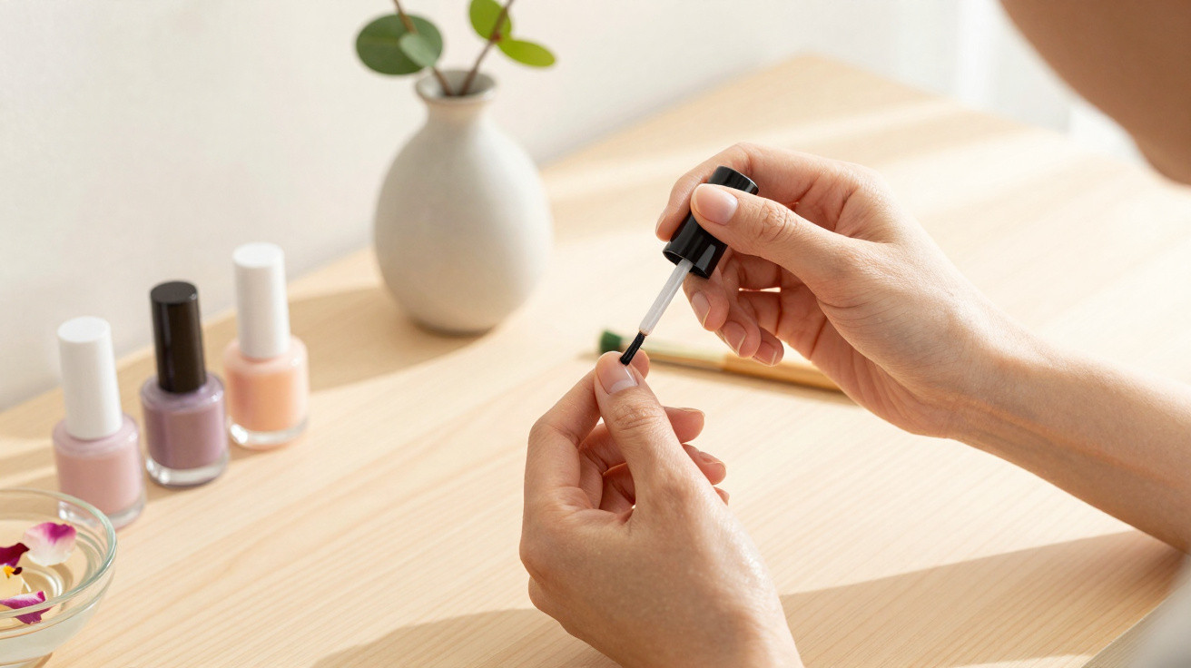 Person trägt Nagellack mit Pinsel auf Fingernagel auf, vier Nagellackflaschen und Vase im Hintergrund auf Holztisch
