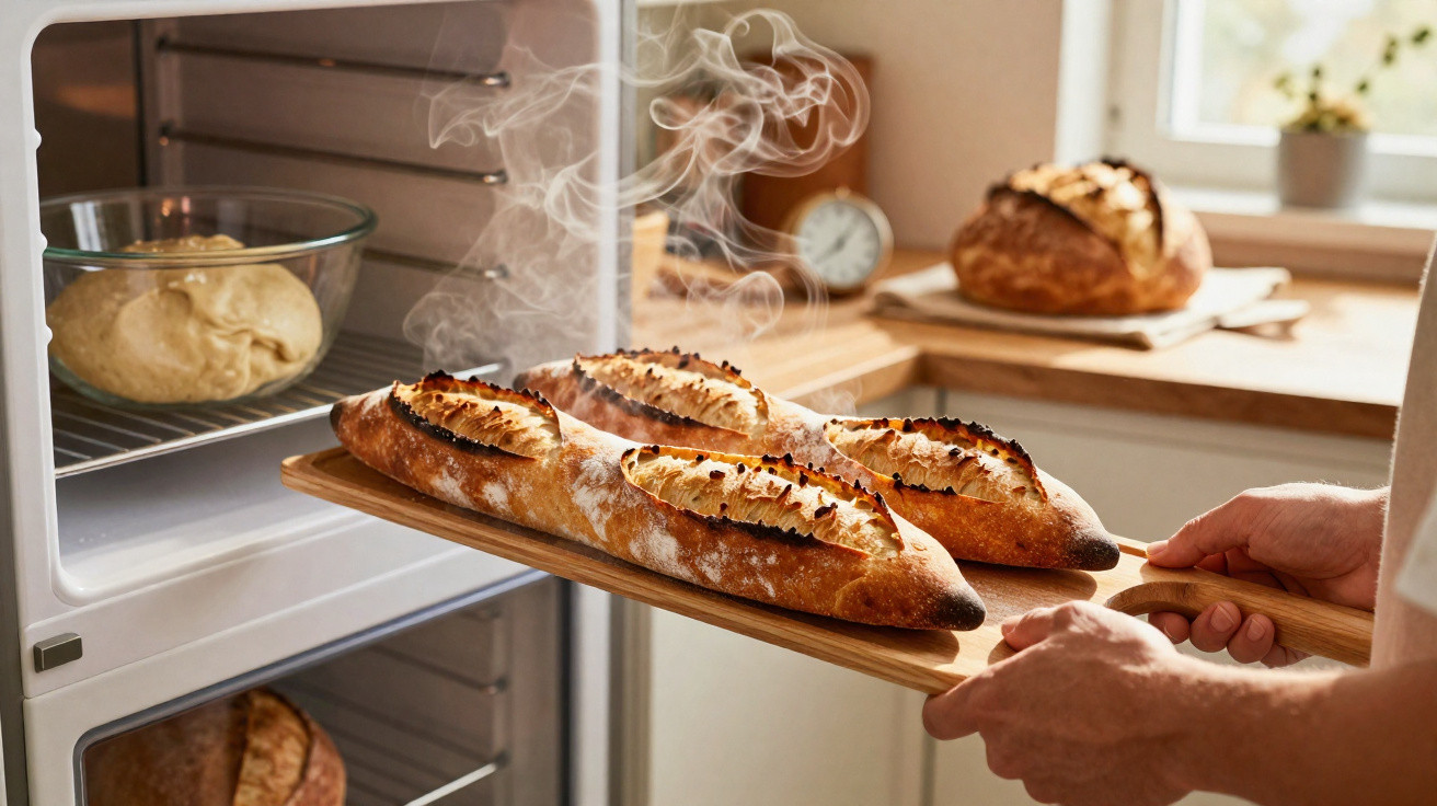 Frisch gebackene, dampfende Baguettes werden aus dem Ofen auf Holzbrett genommen in einer hellen Küche.
