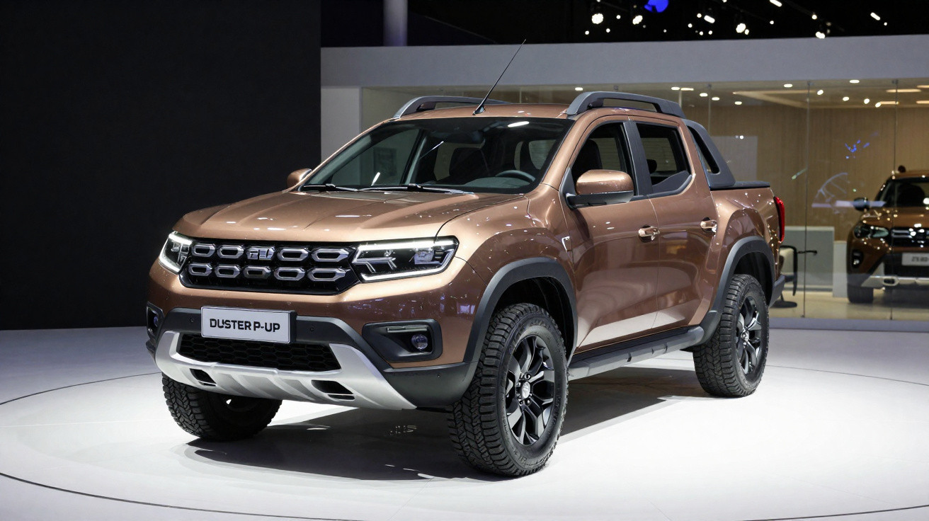 Braucherbraunener Renault Duster Pick-up mit schwarzen Felgen auf Ausstellungsfläche in modernem Showroom.