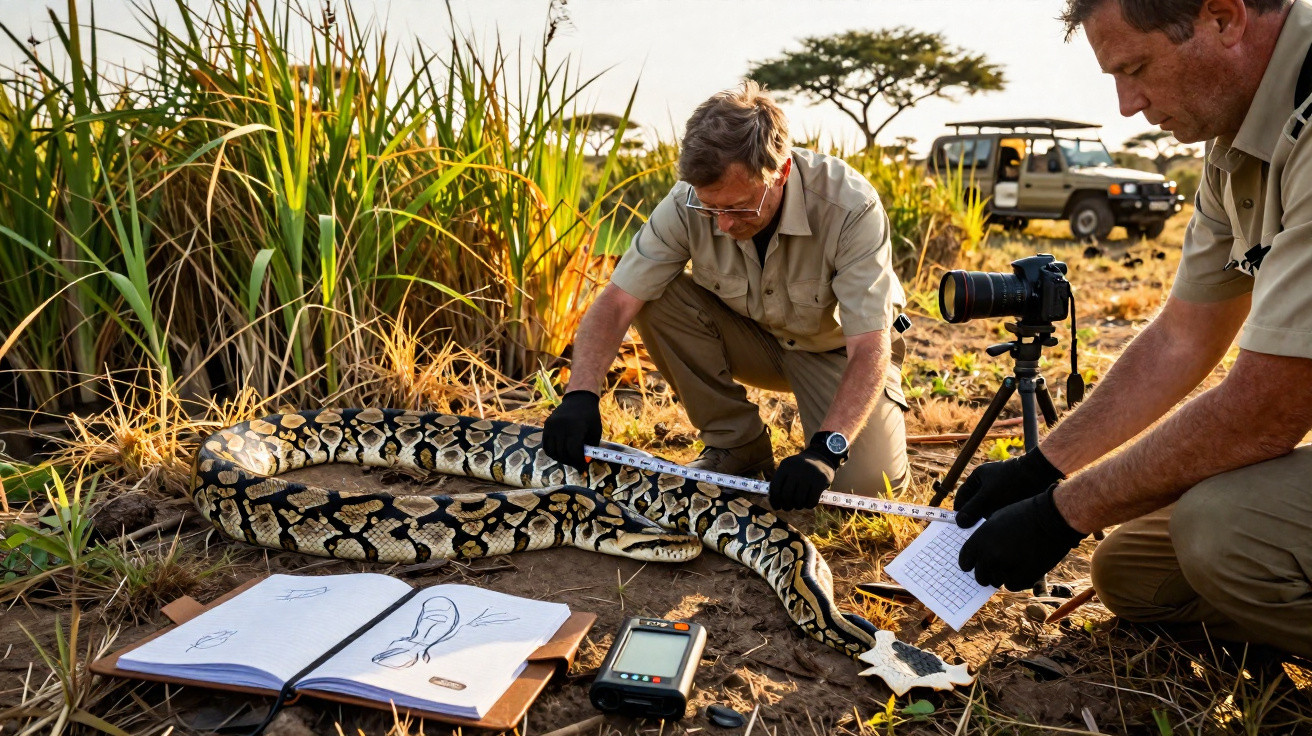 Zwei Forscher messen eine grosse Python auf dem Boden mit Messband und dokumentieren die Daten im Freien.