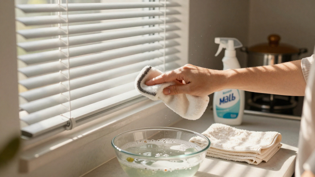Hand wischt Jalousie ab, Glas mit Wasser und Reinigungsmittel auf Fensterbank im Sonnenlicht.