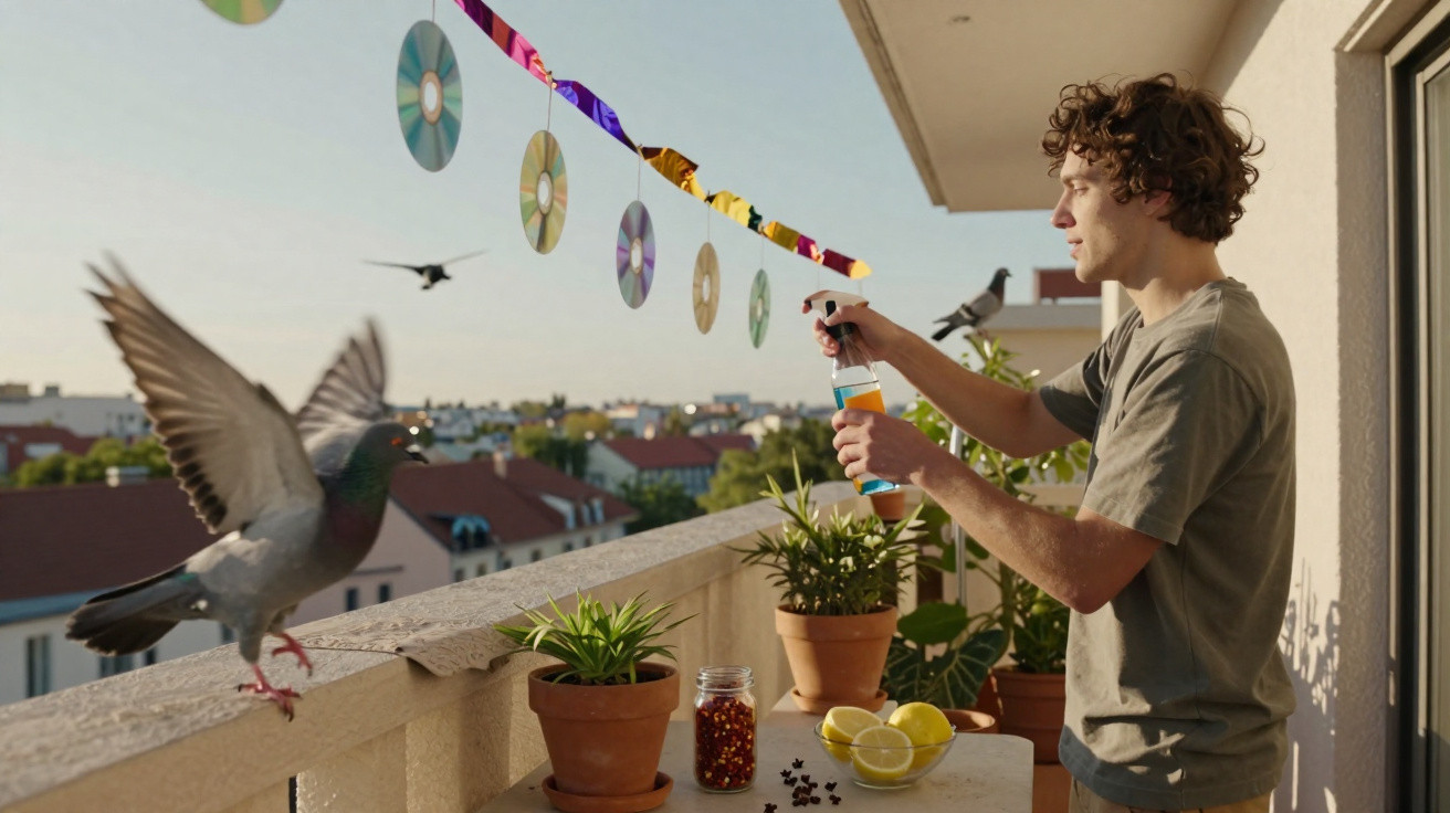 Mann sprüht Wasser auf Balkon, auf dem CDs und Pflanzen gegen Tauben aufgehängt sind.