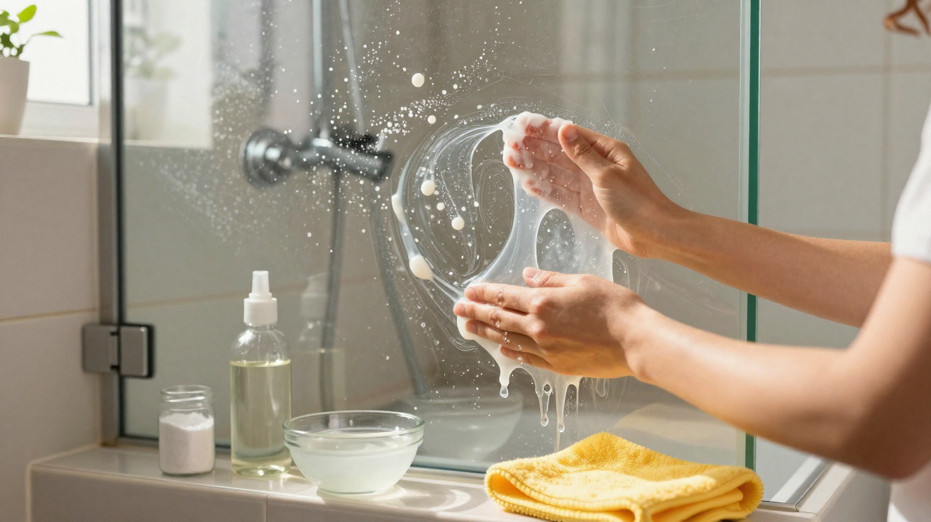 Person reinigt Spiegel im Badezimmer mit einer schleimigen, weissen Substanz und hält sie in den Händen.