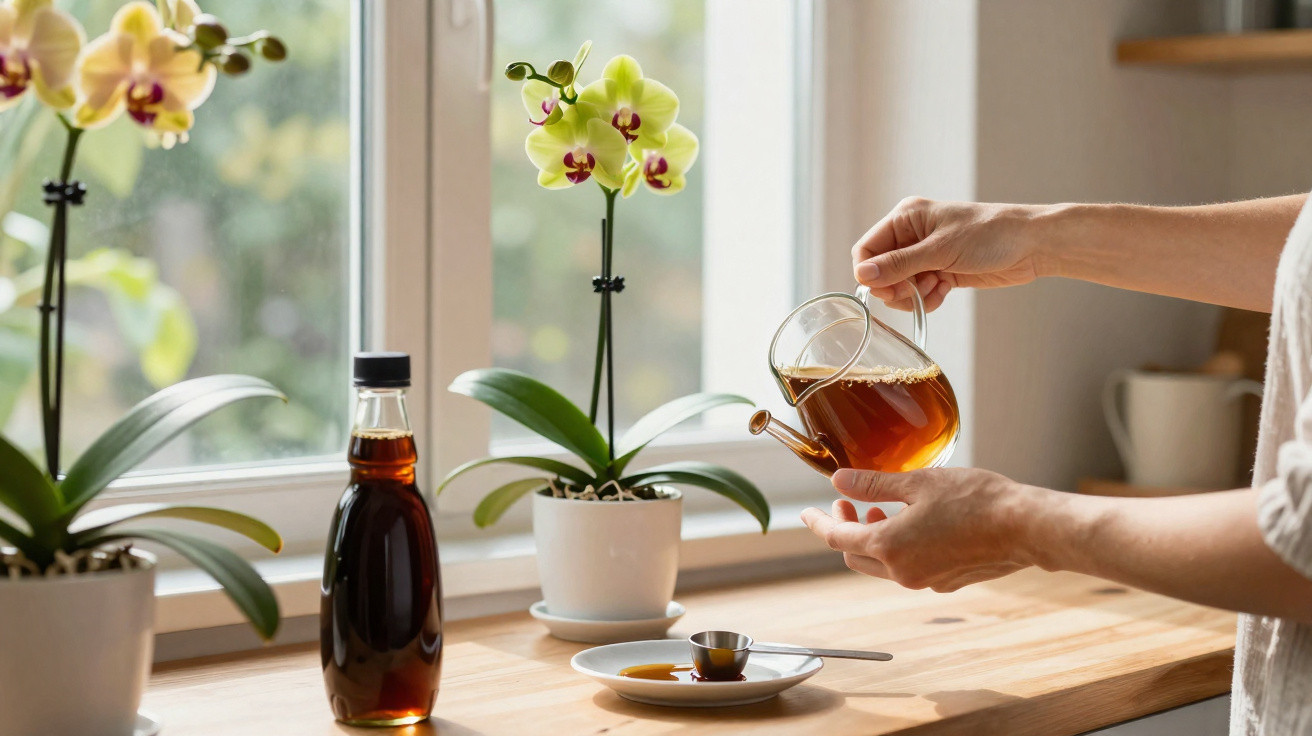 Hand giesset schwarzen Tee in eine Glasteekanne uf em Fenstersims mit Orchidee im Topf und Sirupfläsche.