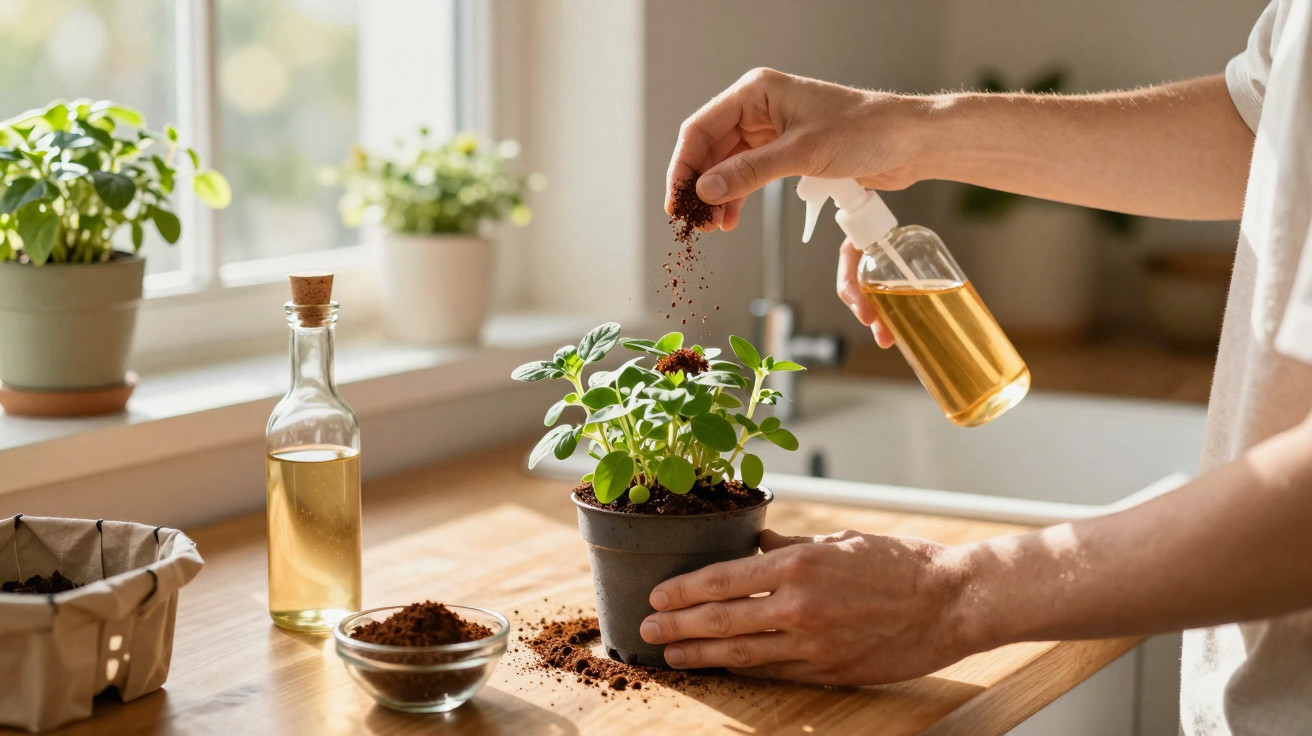 Person gibt Kaffeesatz als Dünger auf eine Topfpflanze in sonniger Küche, daneben Ölflasche und Pflanze am Fenster.