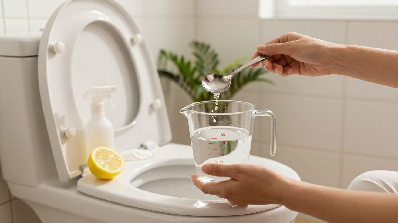 Person tropft Flüssigkeit mit Löffel in Messbecher vor offenem WC mit Zitrone und Sprayflasche.
