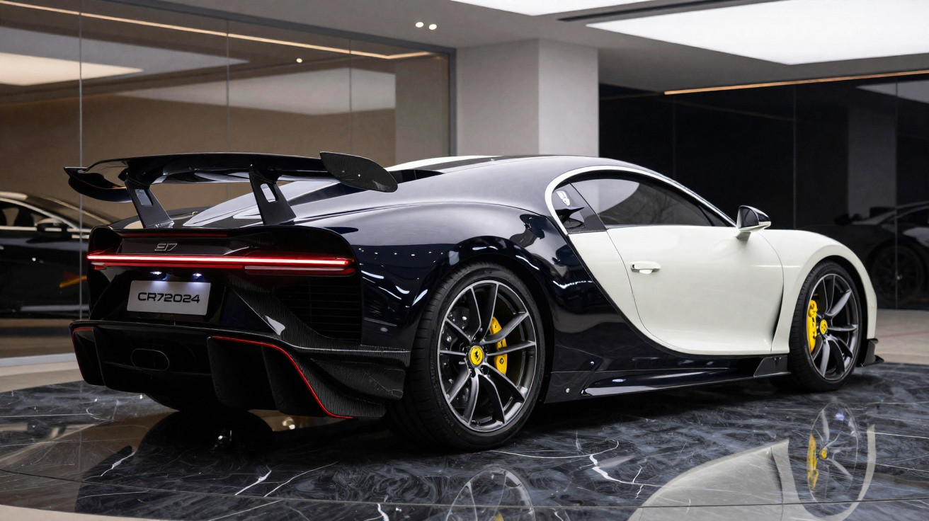 Schwarz-weisser Bugatti-Chiron-Sportwagen mit auffälligen gelben Bremssätteln auf poliertem Marmorboden.