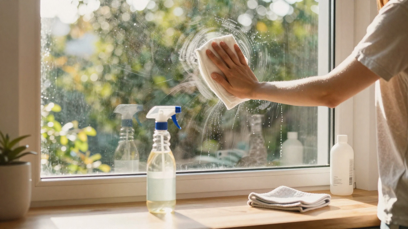Person wischt ein Sonnenlichtfenster mit Lappen, Sprühflasche und Reinigungsmittel auf einer Fensterbank ab.