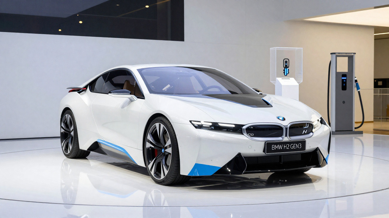 Weisser BMW i8 Elektro-Sportwagen auf Ausstellung mit Ladestation im modernen Innenraum.
