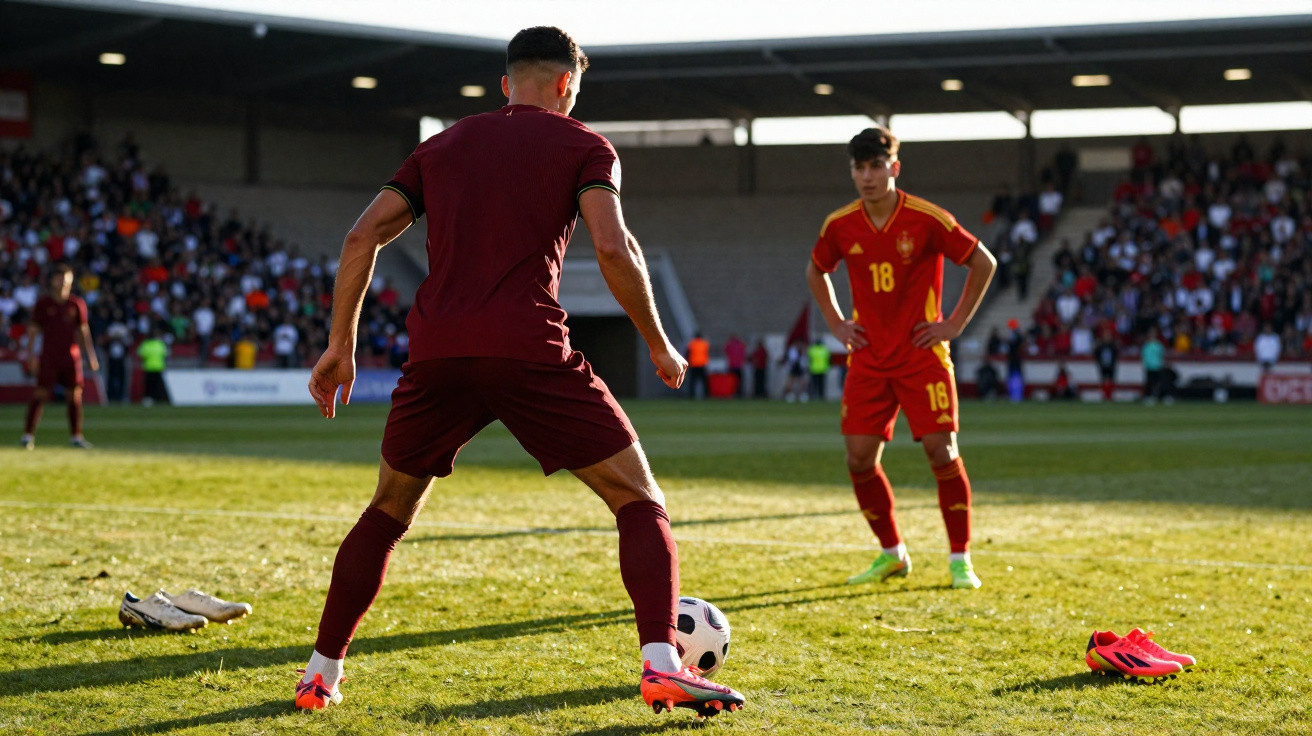 Fussballspiel mit Schütze in dunklem Trikot vor Spieler in rotem Trikot auf dem Spielfeld im Stadion.
