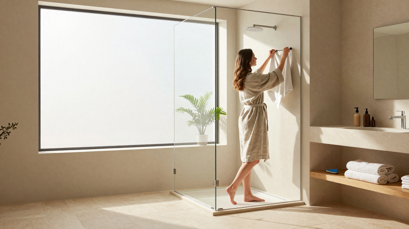 Frau in Bademantel hängt Handtuch in moderne, helle Dusche mit Glaswand in minimalistischem Badezimmer auf.