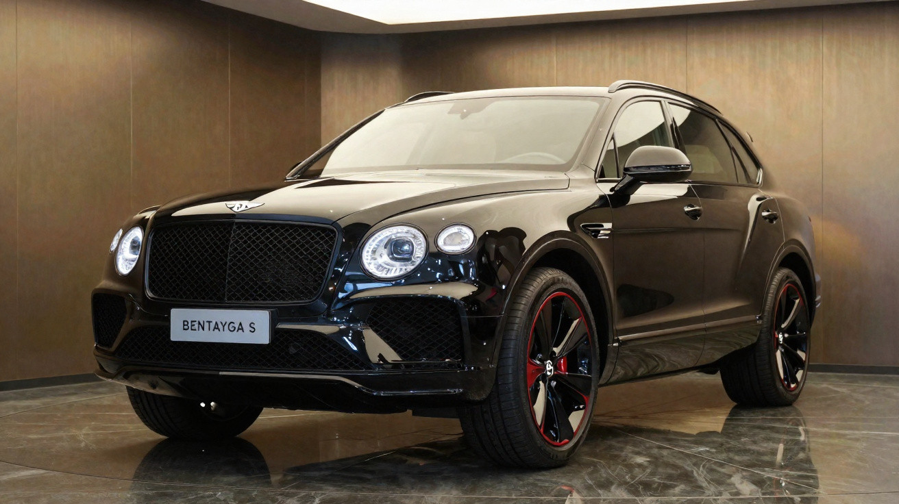 Schwarzer Bentley Bentayga S SUV mit roten Felgen im Showroom auf poliertem Marmorboden.