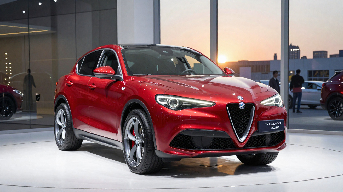 Rotes Alfa Romeo Stelvio 2026 SUV-Modell auf Ausstellung mit Sonnenuntergang im Hintergrund.