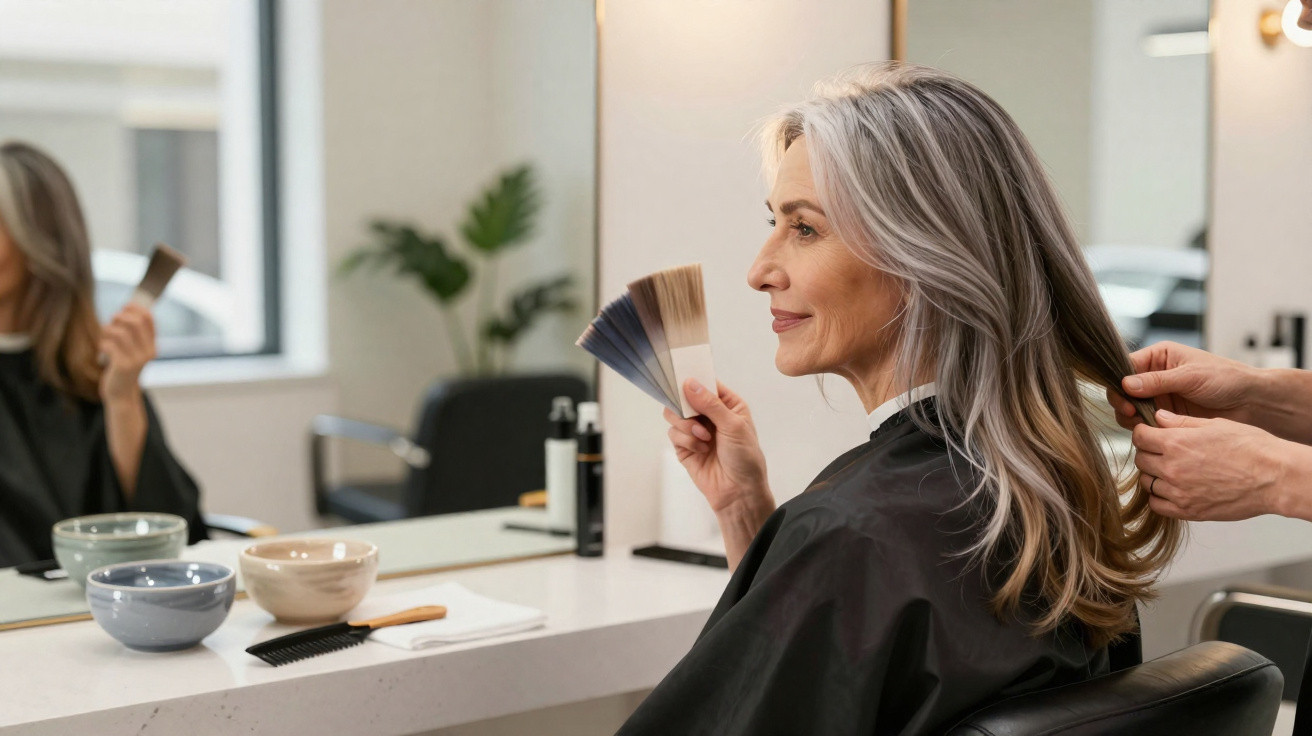 Ältere Frau im Friseursalon hält Farbpalette, während Friseur ihr langes graues Haar stylt.