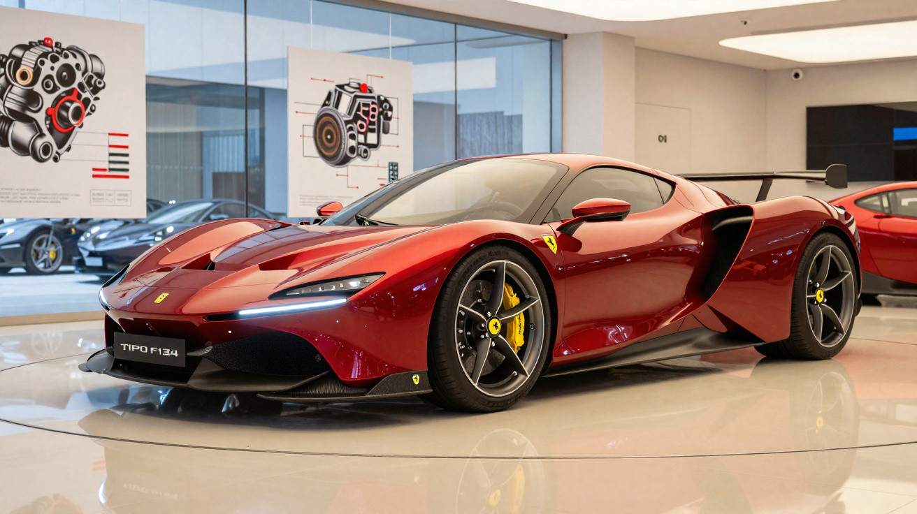 Roter Ferrari Tipo F134 Sportwagen in Ausstellung mit technischen Zeichnungen im Hintergrund.