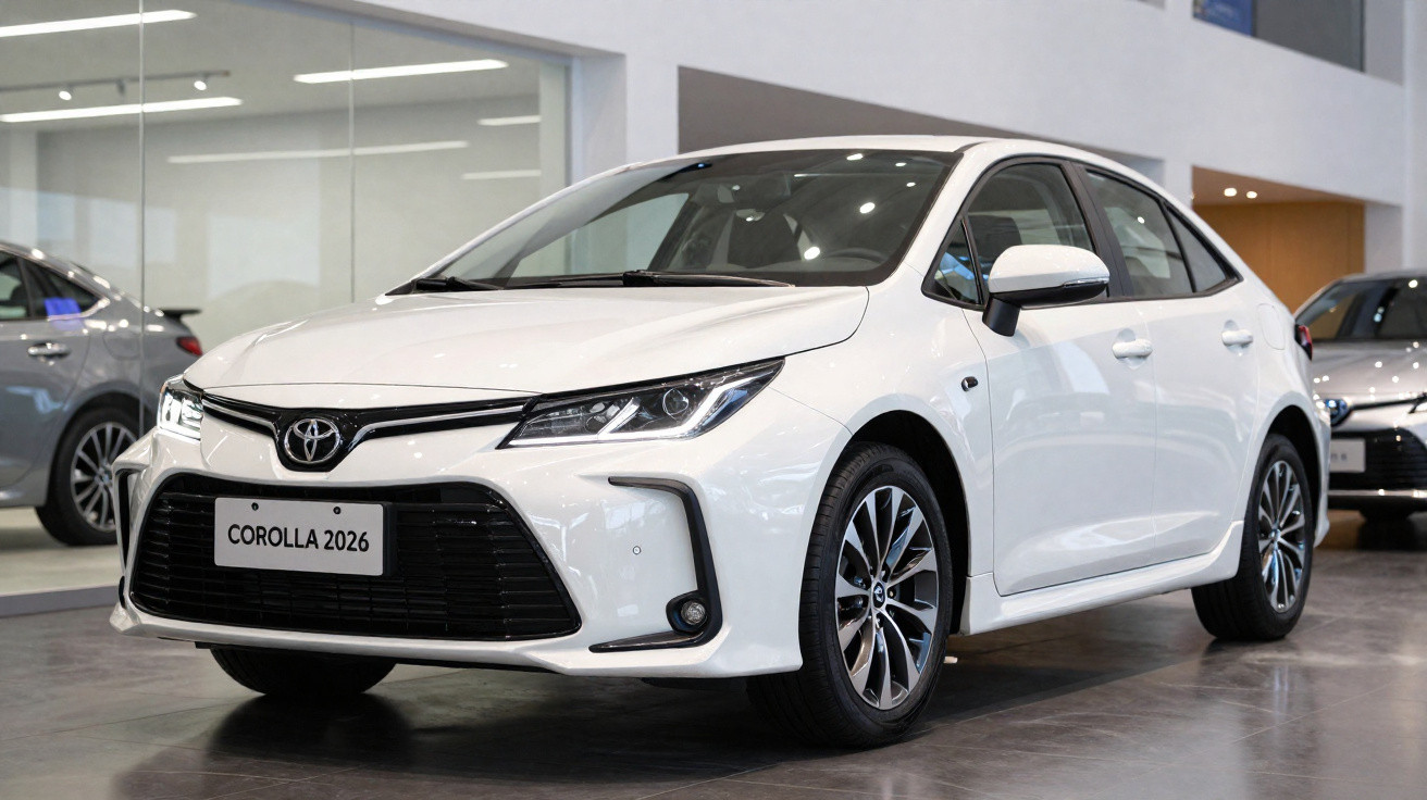Weisser Toyota Corolla 2026 in einem modernen Autohaus, frontal und seitlich sichtbar.