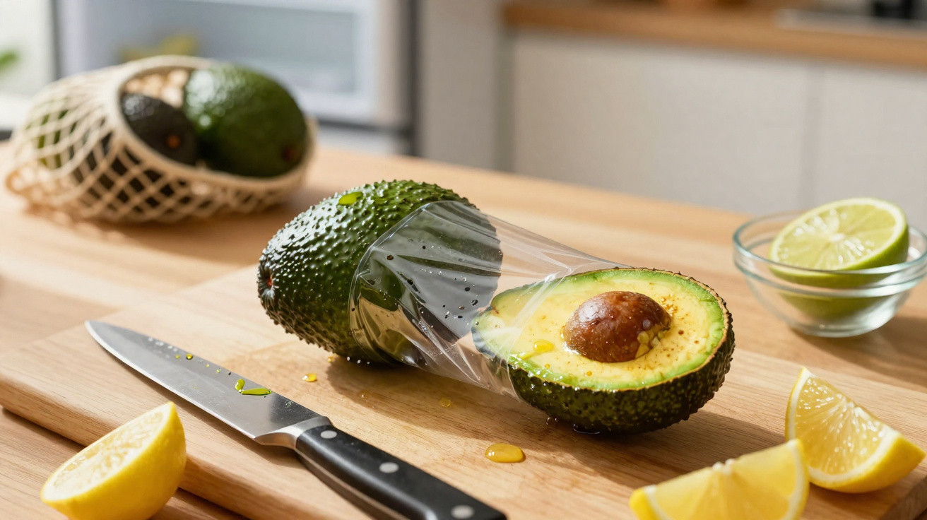 Halbierte Avocado mit Frischhaltefolie, Messer und Zitronen- sowie Limettenstücken auf Holzbrett.