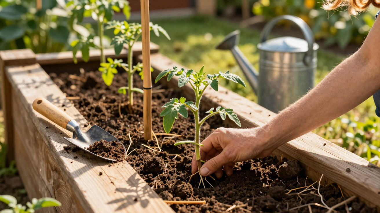 Person pflanzt junge Tomatenpflanze in Hochbeet mit Gartenspaten und Giesskanne im Hintergrund.