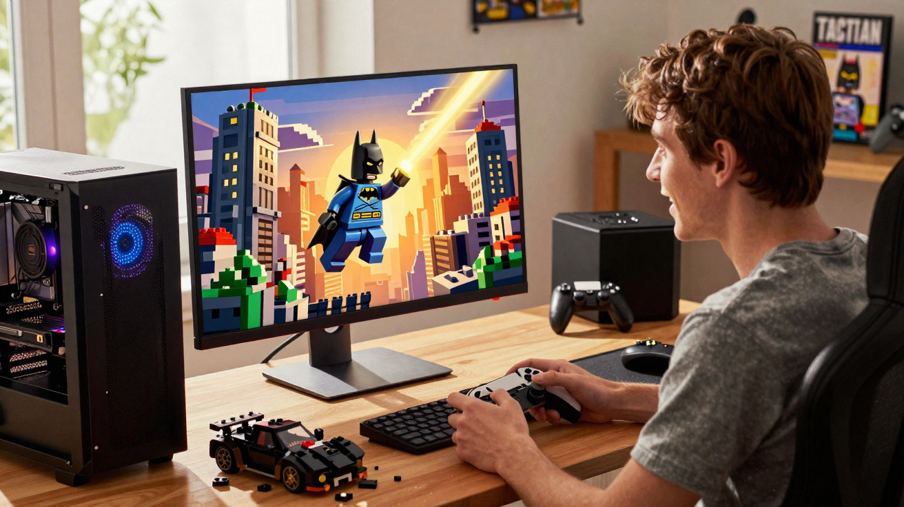 Junger Mann sitzt am Tisch und spielt Computerspiel mit Lego-Batman-Figur auf Bildschirm und Lego-Auto daneben.