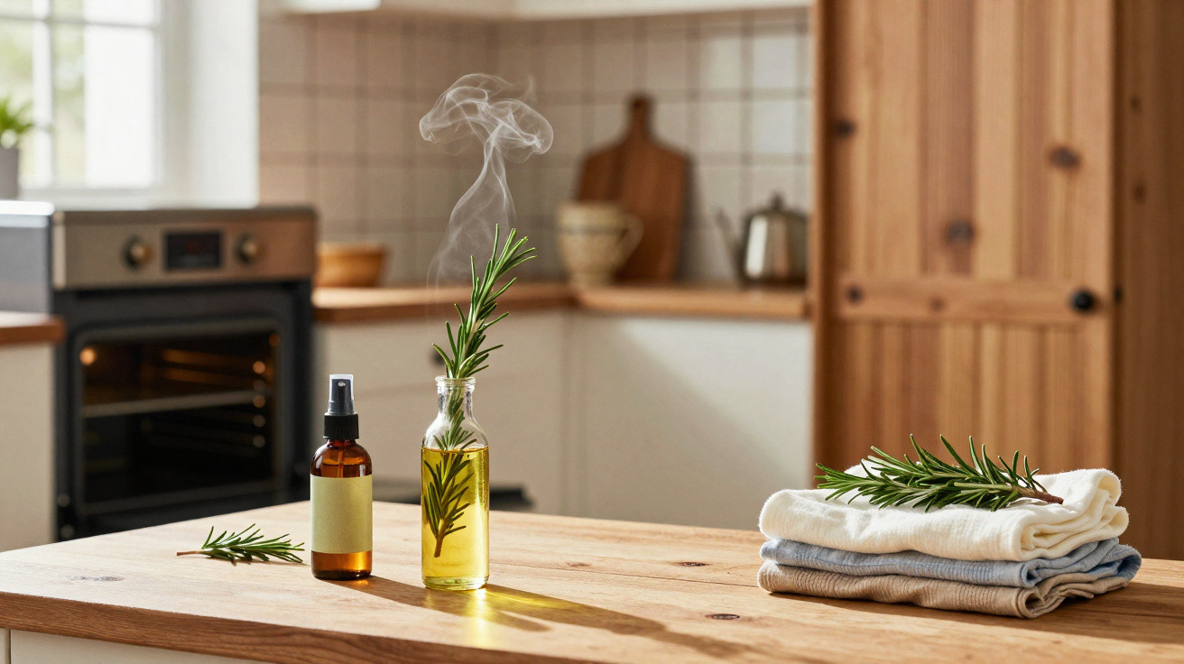 Küche mit Aromatherapie-Öl in Glasflaschen, Rosmarinzweigen und gefalteten Tüchern auf Holztisch.